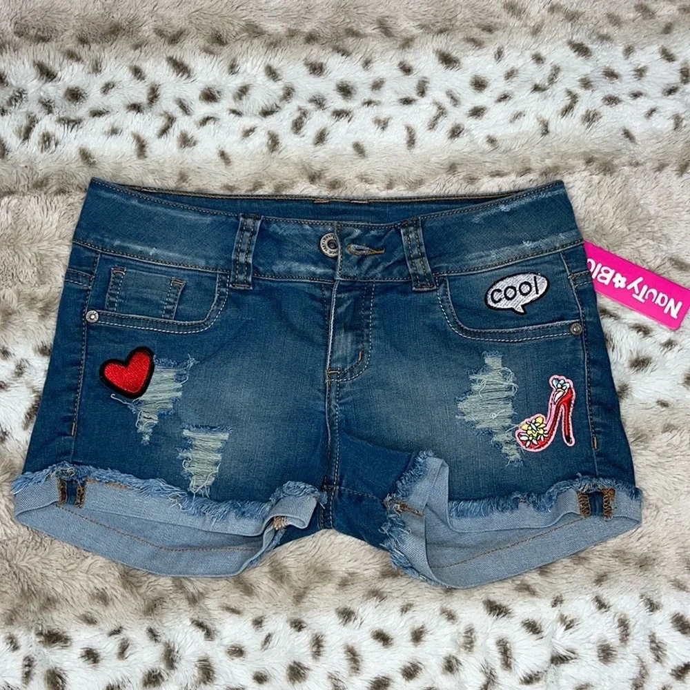 Nauty Blue Distressed Denim Shorts Light Wash Girls Size Small S Patches